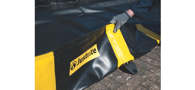 Justrite 2850 Rigid-Lock QuickBerm® XT flexible spill berm For use as secondary containment for outdoor or temporary storage applications of chemicals, transformers, generators, metal/poly tanks, IBCs, oiling/refueling operations thereby safeguarding the environment, preventing costly environmental incidents and regulatory violations, and ensuring safe storage practices