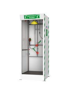 Multi-nozzle cubicle safety shower with detergent inducer and hose brush